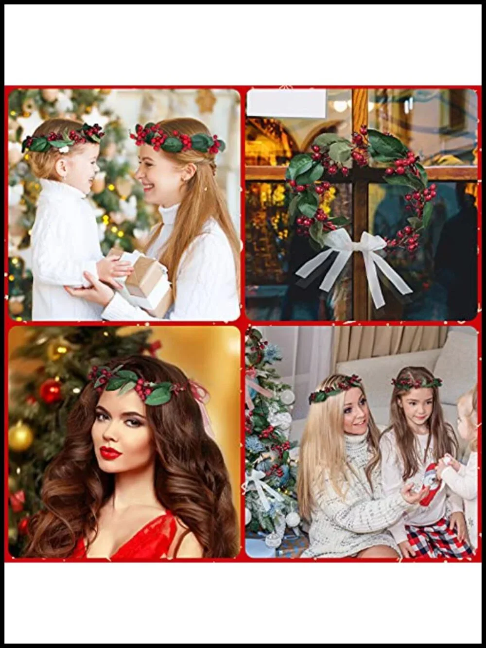 2 Pack Adjustable Christmas Berry Headband Hair Crown Ribbon Wrap